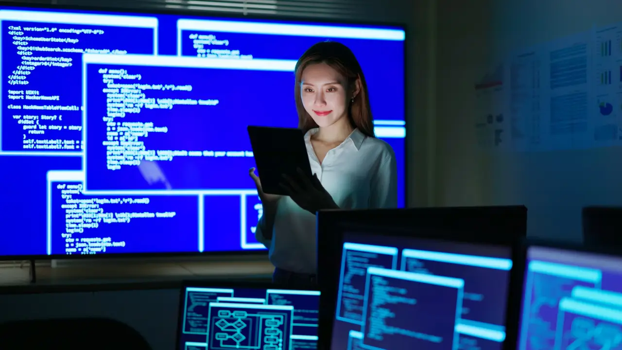 Mulher atuando em base de conhecimento