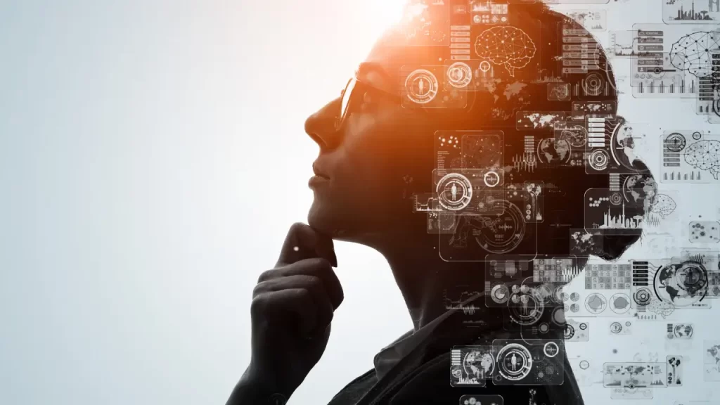 Inteligência artificial para negócios: 11 melhores ferramentas Mulher pensando em inteligência artificial para negócios
