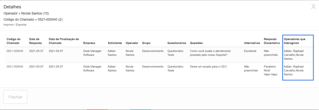 Operadores que Interagiram no Chamado Pesquisa de Satisfa o