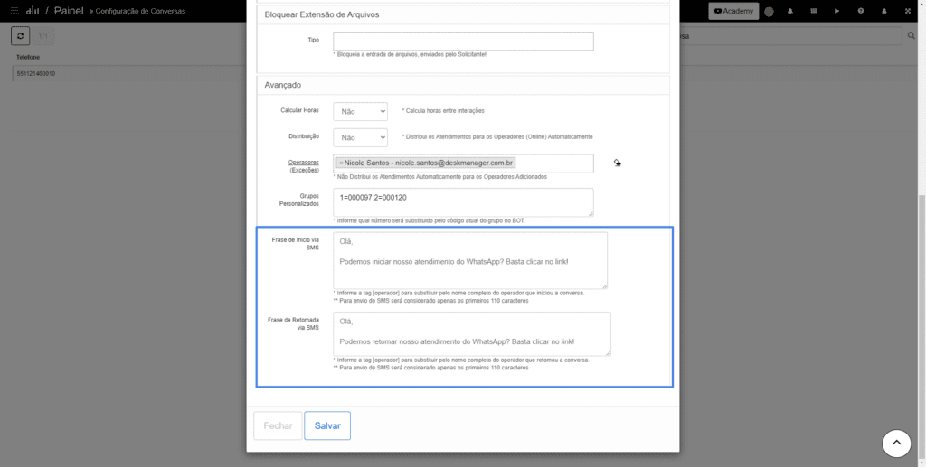 Personaliza o do conte do do SMS Configura o de Conversa