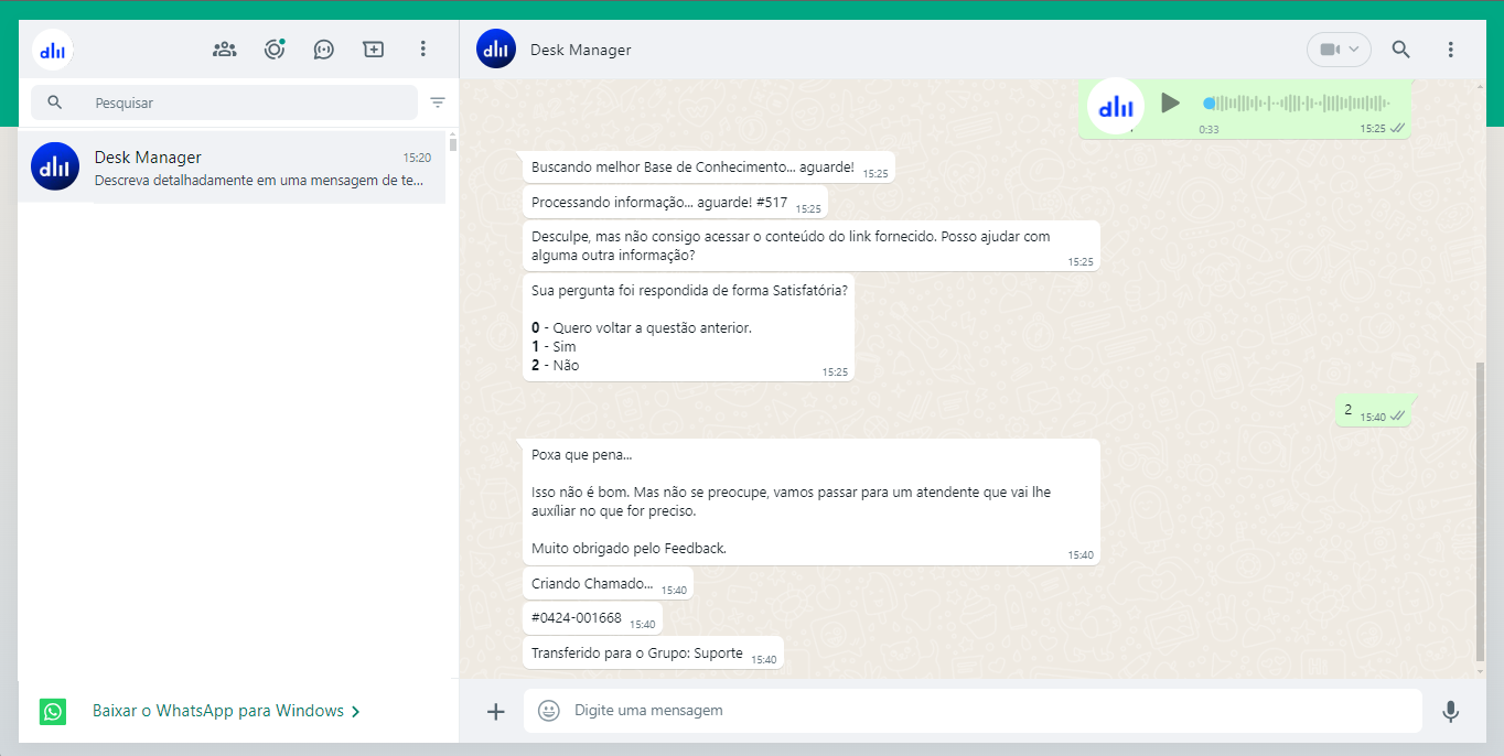 Desk Manager Aplicativos - Iniciar conversa pelo solicitante Whatsapp